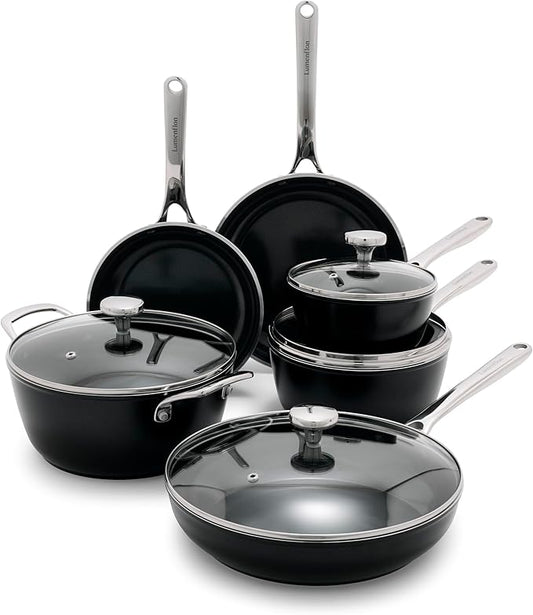 Orfeo 10 Piece Nonstick Cookware Set, Made in Italy, Diamond Ceramic PFAS-Free Pots & Pans, Induction Ready, Scratch Resistant, Laser-Fused Surface for Durability, Dishwasher Safe, Black