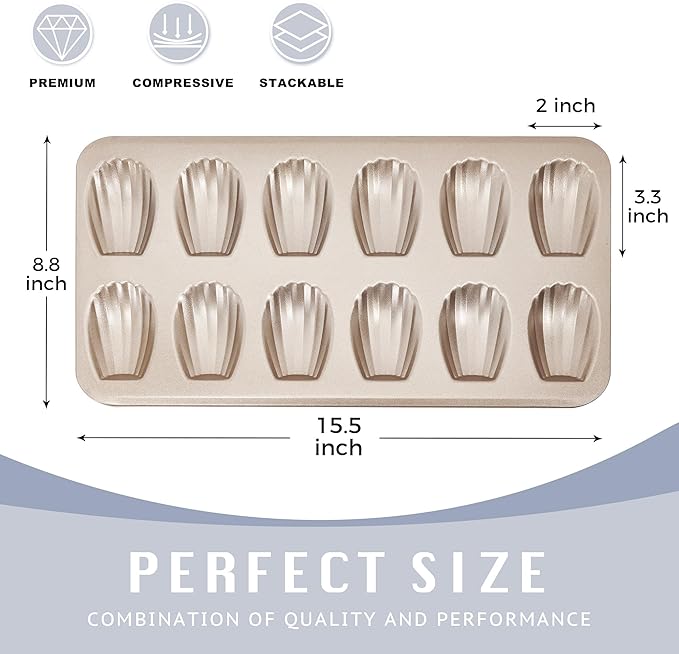 HONGBAKE Nonstick Madeleine Pan 2 Pack 12-Cavity Heavy Duty Madeleine Cookies Trays for Oven Baking, Warp Resistant Shell Shape Madeleine Mold Cake Pan, Champagne Gold