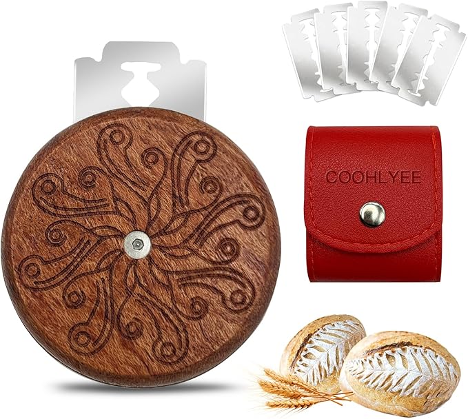 Bread Lame Sourdough Scoring Tool - Wooden Lame Bread Scoring Tool with 5 Razor Blades and Leather Storage Cover - UFO Bread Lame Dough Scoring Tool for Bread Baking