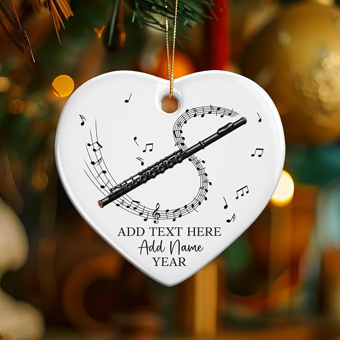 Personalized Flute Player Ceramic Ornament with Text Name & Year, Custom Flutist Christmas Tree Ornament, Flute Musical Instrument Xmas Ornaments 2025, Gift for Music Lover Student Friend
