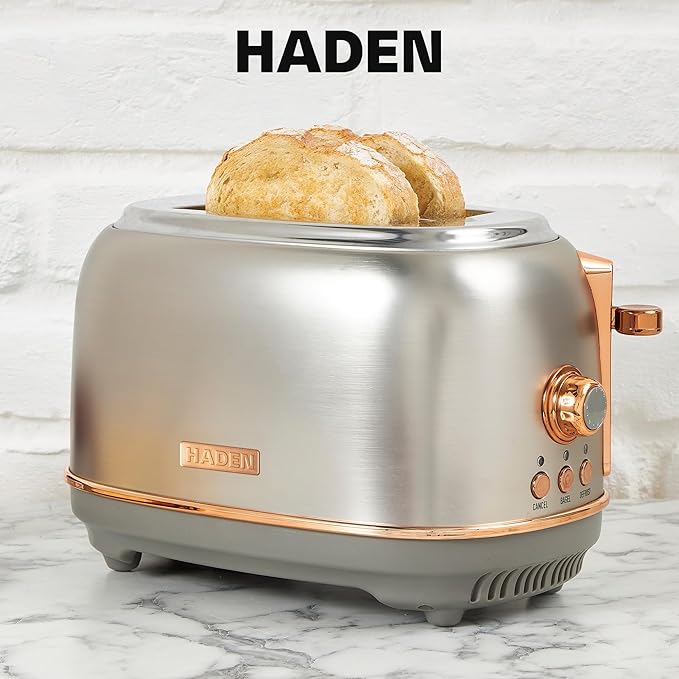 HADEN Heritage 12 Cup Programmable Retro Coffee Maker Machine Bundled with 2 Slice Wide Slot Toaster with Removable Crumb Tray, Steel/Copper