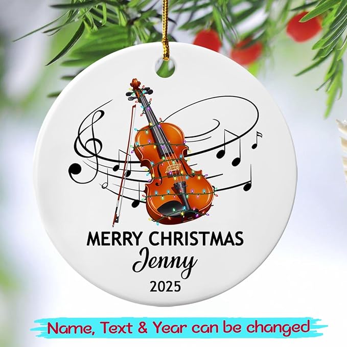 Personalized Violin Player Ceramic Decor Ornament, Customized Text Year Name Violinist Christmas Ornaments Gift for Friends Husband Wife Grandkids, Violin Instrument Lover Ceramic Xmas Tree Ornament