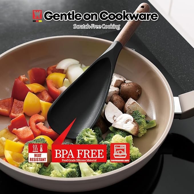 Set of 2pc Silicone Cooking Utensils: Wooden Handle Cooking & Serving Spoon+ Multi-Purpose Cooking Spoon, Heat Resistant Cooking Utensil, BPA Free, Safe Material for All Cooking Surfaces
