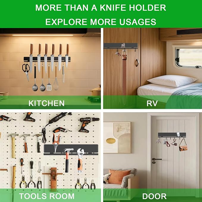 YIIYIIN 17 Inch Magnetic Knife Holder for Wall No Drill,Adhesive Knife Magnetic Strip with 12 Hooks,Kitchen Double Rods Stainless Steel Magnetic Utensil Holder(Black)