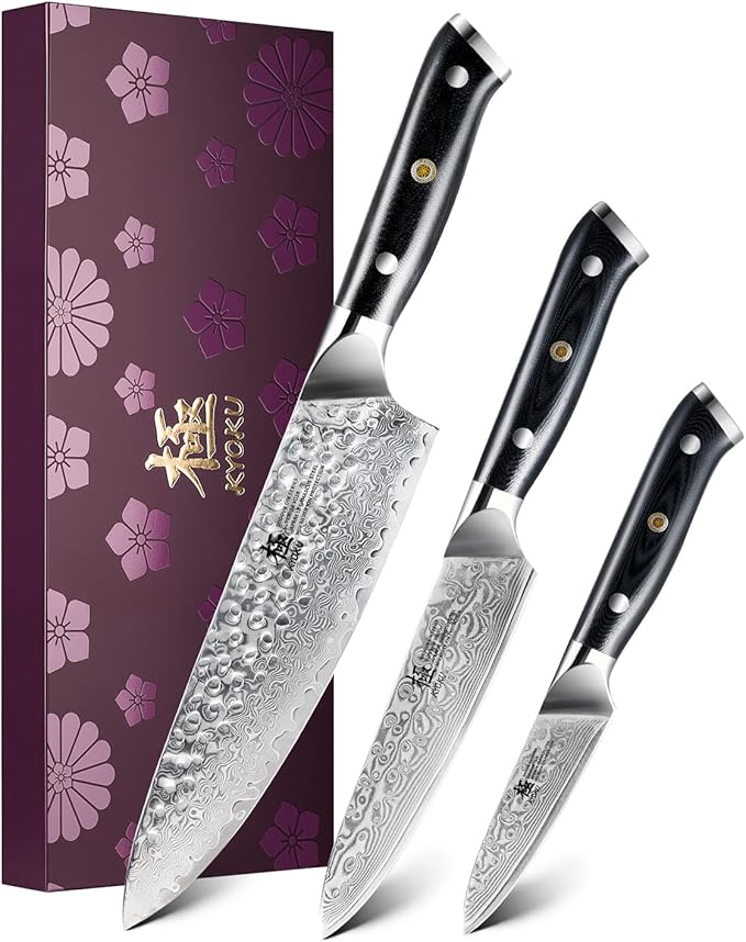KYOKU Knife Set, 3pc Japanese Kitchen Knife Set for Cooking, 8" Chef 3.6" Paring 6" Utility Knife with Sheath Gift Box, Professional Sharp Damascus Stainless Steel Knives for Meat Vegetable Fruit
