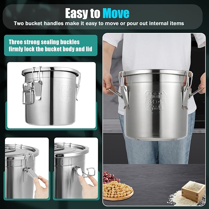 304 Stainless Steel Airtight Canister for Kitchen, 3.2Gal/405oz Flour Container with Lids and Sturdy Locking Clamp, Metal Bucket Food Storage Containers for Rice Flour Coffee Bean Tea