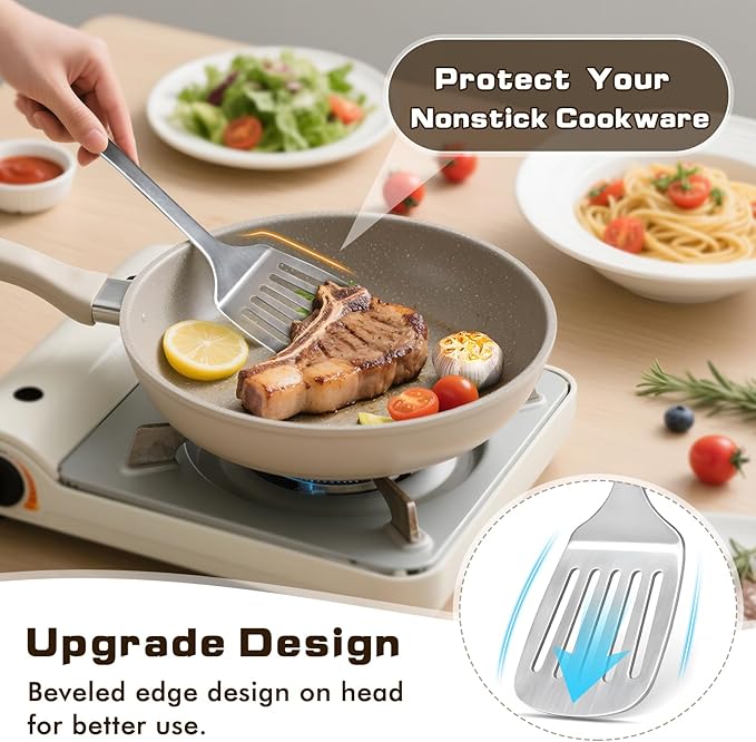 6 Pcs Cooking Utensils Set, Stainless Steel Kitchen Utensils, Heat Resistant Metal Kitchen Tools Include Solid & Slotted Turner Wok Spatula, Serving Spoon, Ladle, Pasta Server, Easy to Clean, Silver