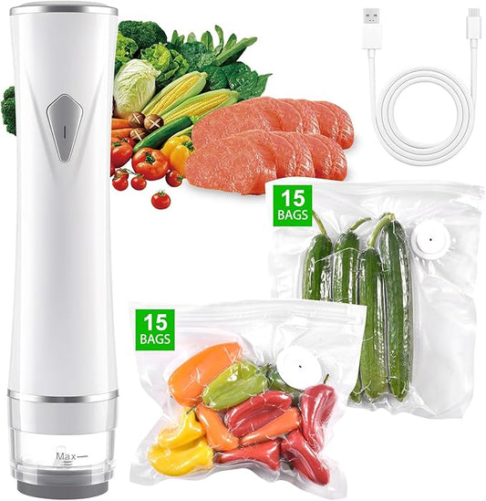 Vacuum Sealer for Food, with 30 Reusable Vacuum Bags, Handheld Vacuum Sealer with Auto-Stop、Detachable Filter and Visible Water Tank, Seal Meal Saver