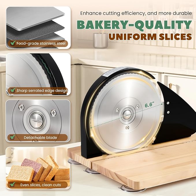 Huanyu Manual Bread Slicer Upgrade Foldable Sourdough Cutter Versatile Hand Crank Slicers Stainless Steel Blade Adjustable Thickness with Scale Line&Suction Cup for Homemade & Commercial Use (Black)