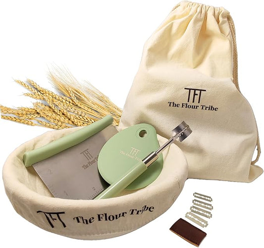 Banneton Bread Proofing Basket Set: Sourdough Starter Kit - 9 inch Round Rattan bowl, Scoring lame, dough scraper, bread bag, Sourdough Bread Baking Supplies Tools - Baking gift set