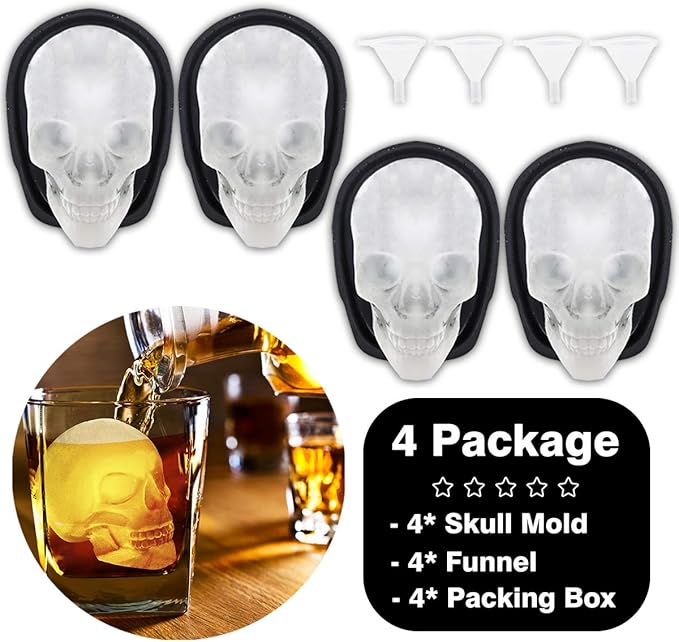 Extra Large 3D Skull Ice Cube Mold Silicone Ice Molds for Whiskey Ice Cube Trays with Funnel for Big Mouth Cup Skull Ice Maker with Resin Chocolate sugar Whiskey Ice Mold for Parties (4 PCS)