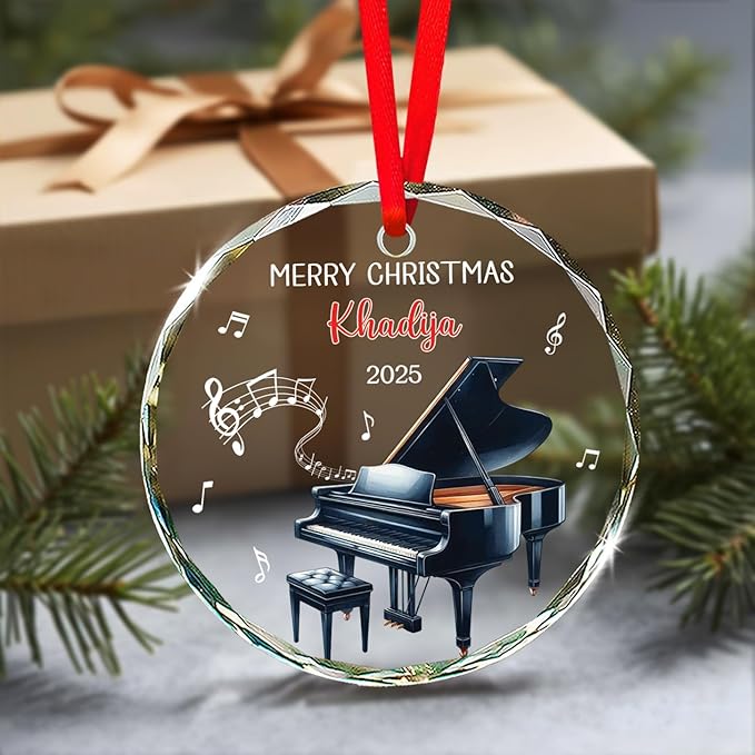 Personalized Piano Player Xmas Ornament Glass 2025, Piano Christmas Keepsake Gifts for Music Teacher Pianist, Musical Instrument Christmas Tree Decorations, Custom Text & Name Pianist Glass Ornament