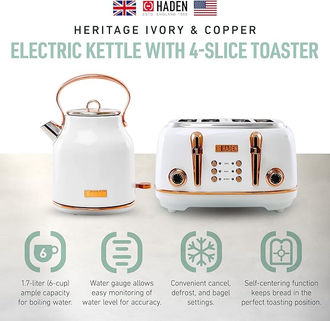 Haden Heritage 4 Slice Wide Slot Stainless Steel Toaster Bundled with 1.7 Liter Stainless Steel Electric Water Kettle, Ivory & Copper