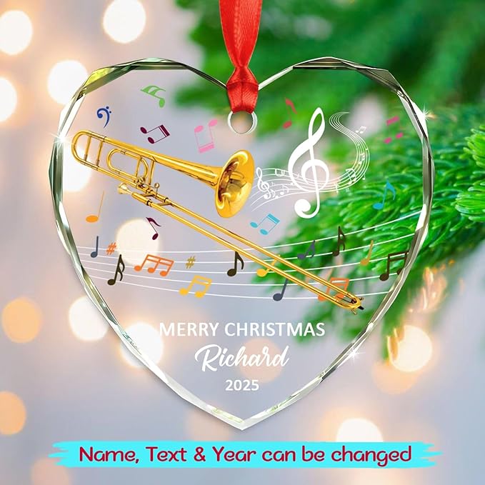 Personalized Trombone Instrument Glass Hanging Xmas Ornament, Customized Text Year Name Trombone Lover Christmas Ornaments Gift for Women Men Daughter Son Friends Besties, Unique Trombones Ornament