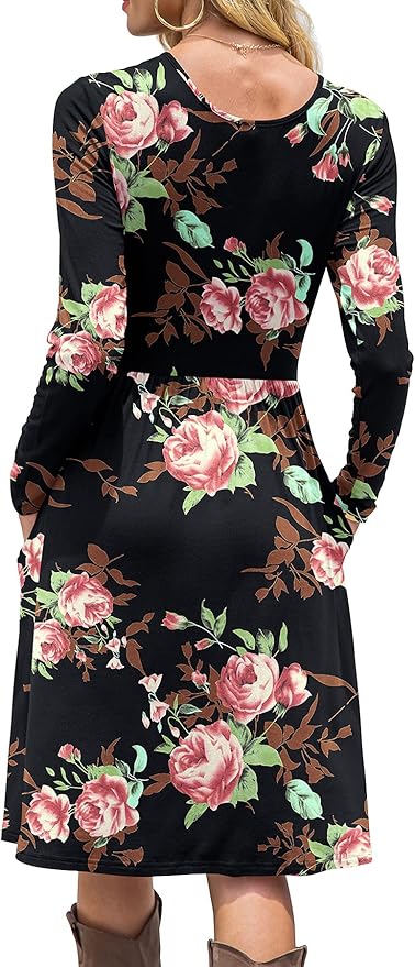DB MOON Women Casual Long Sleeve Dresses Empire Waist Knee Length Loose Dress with Pockets