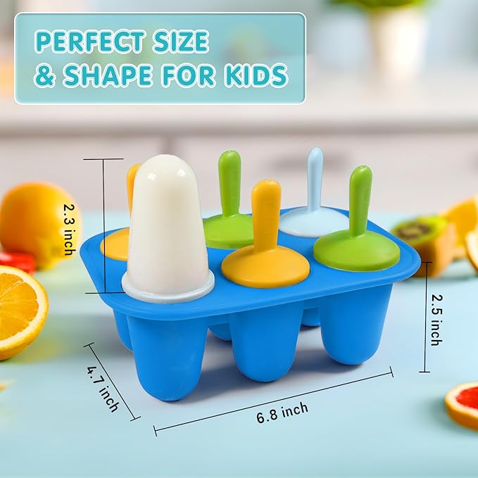 Miaowoof Silicone Popsicles Molds for Toddlers, 6-Cavity Non-BPA Premium Silicone Small Popsicle Molds, Ice Pop Mold with 6 Colorful Reusable Sticks for Kids (Blue)