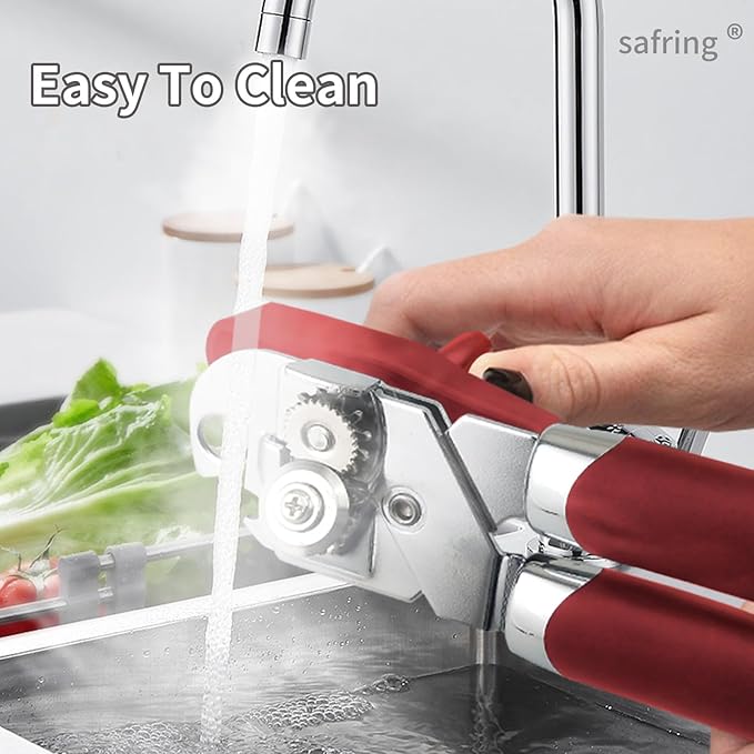 Can Opener Manual, Handheld Strong Heavy Duty Stainless Steel Can Opener, Comfortable Handle, Sharp Blade Smooth Edge, Can Openers with Multifunctional Bottle Opener, Red
