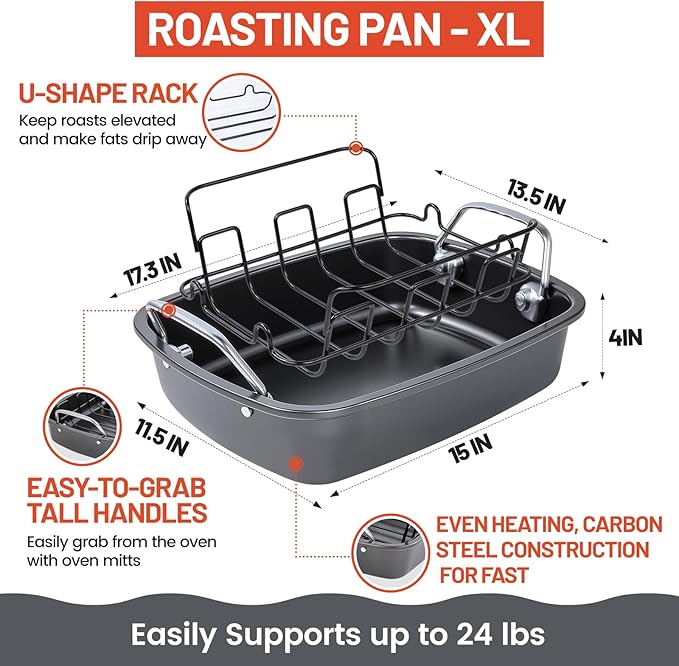 24lb Carbon Steel Nonstick Roasting Pan with Rack - BPA Free, Leak-Proof, 450°F Heat Resistant (17x13x4in) | Oil-Draining, Dishwasher Safe for Thanksgiving Christmas Turkey