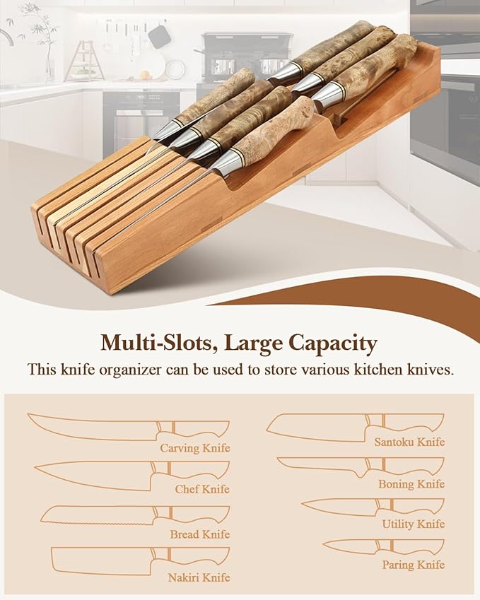 HEZHEN 7-slot Cherry Wood In-drawer Knife Tray,Kitchen Storage Organization Organizer Insert,Saves Countertop Space