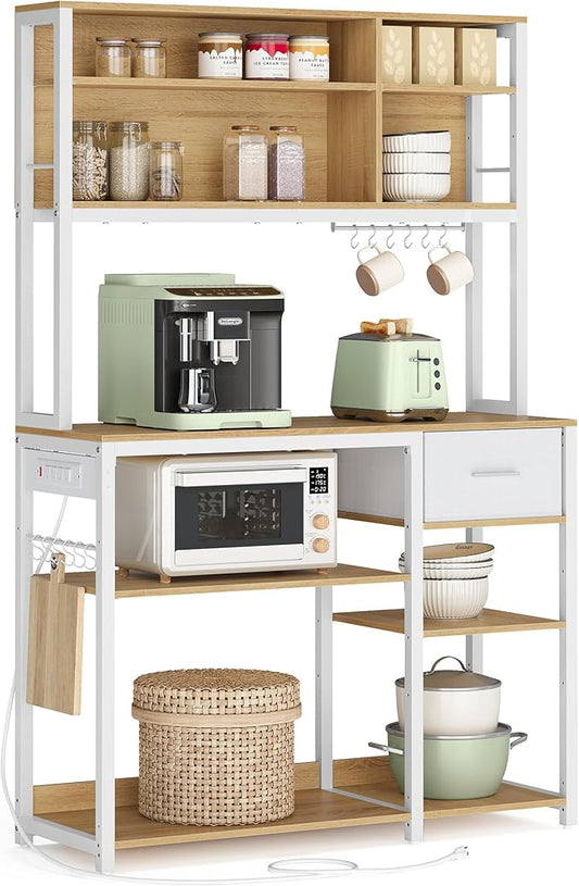 VASAGLE Bakers Rack with Charging Station, Coffee Bar with Adjustable Storage Shelves, Fabric Drawer, 12 Hooks, 15.7 x 39.4 x 71 Inches, Kitchen Microwave Stand, Golden Oak and Cloud White UKKS027Y01