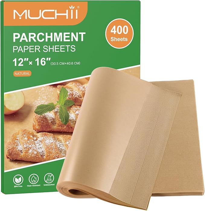 MUCHII 400 Pcs Unbleached Parchment Paper Sheets, 12 x 16 Inch Precut Non-Stick Parchment Sheets for Baking, Cooking, Grilling, Air Fryer, and Steaming