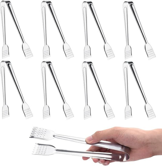 8 Pack Serving Tongs, 9 Inch, Silver, Stainless Steel, Ideal for Parties & Daily Use