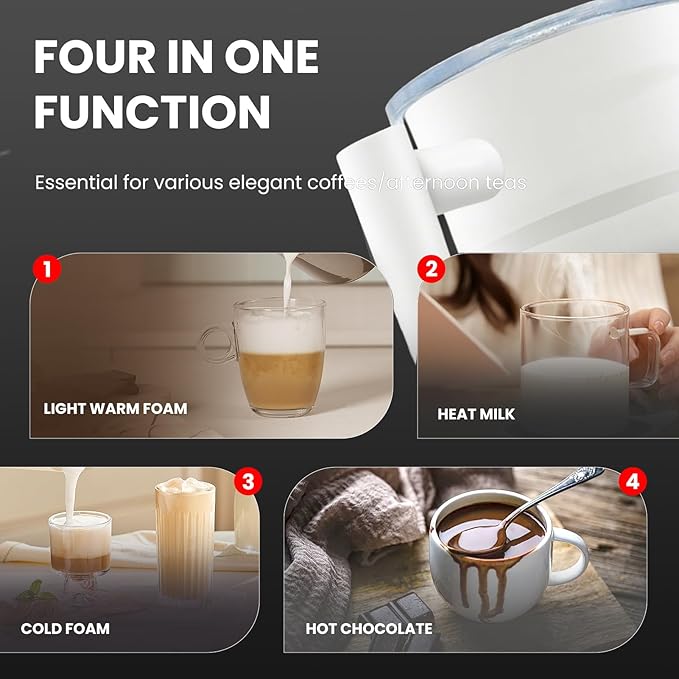 4 in 1 Electric Milk Frother, Steamer with Warming function, Automatic Hot and Cold Milk Frother, Coffee Frother, Latte, Hot Chocolate, Macchiato, Cappuccino (White)