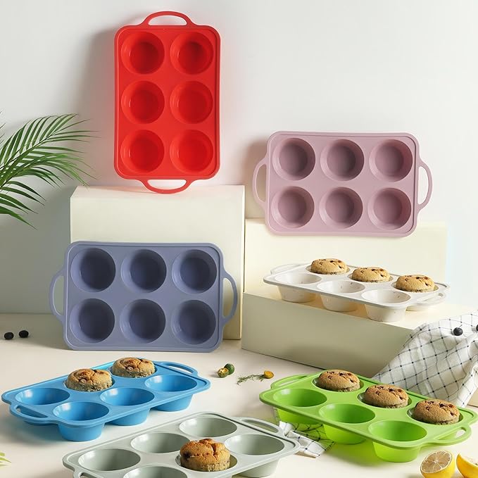 2 Packs 6 Cups Silicone Muffin Pan with Metal Reinforced Frame Jumbo Size Cupcake Pan Tray Egg Bites Silicone Circle Cookie Molds Extra Large Muffin Tin Tart Pans for Breakfast Sandwiches