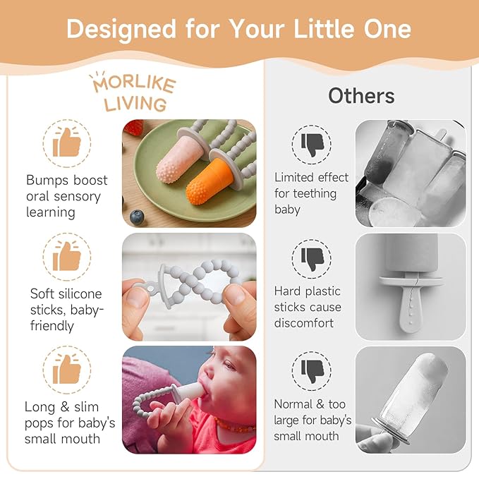 Morlike Baby Tiny Pops, 100% Silicone Popsicle Mold for Infants 4 Months +, Breastmilk Ice Pop Molds Teethers for Teething Relief, Baby Essentials, BPA Free & Dishwasher Safe (Grey)