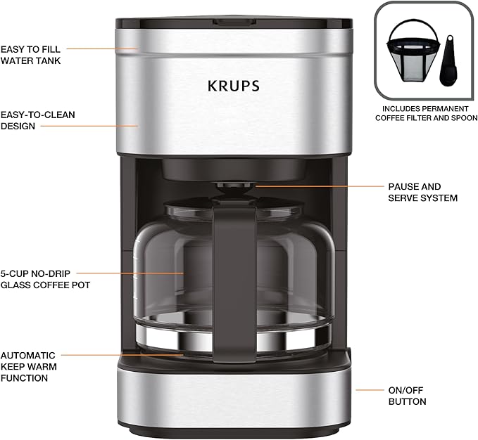 KRUPS Simply Brew Compact 5 Cup Coffee Maker: Stainless Steel Design, Pause & Brew, Keep Warm, Reusable Filter, Drip-Free Carafe