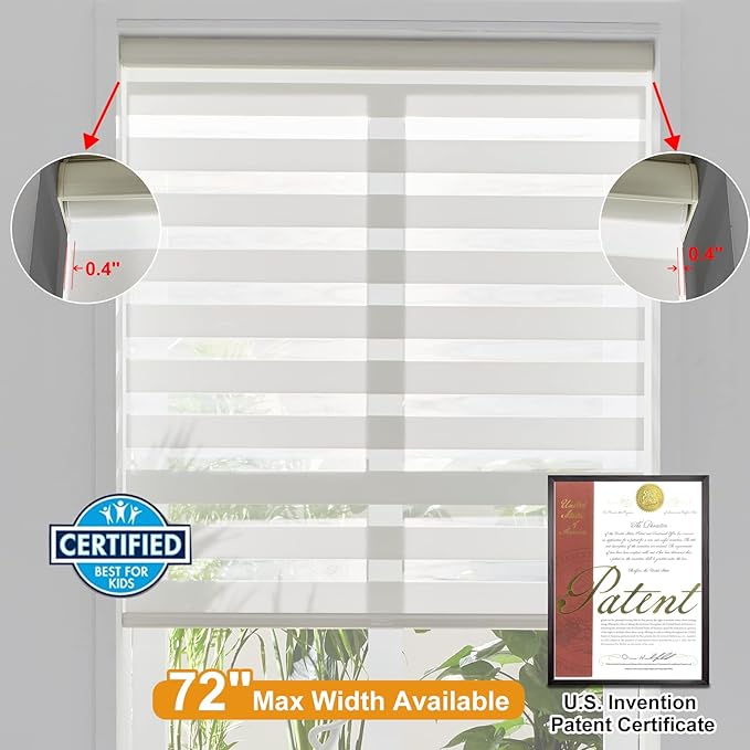 Persilux Cordless Zebra Blinds for Indoor Windows, Free-Stop Zebra Blinds Cordless, Light Filtering Sheer Shades Dual Layer for Day and Night, Zebra Roller Shades for Home (36.25" W X 64" H, White)