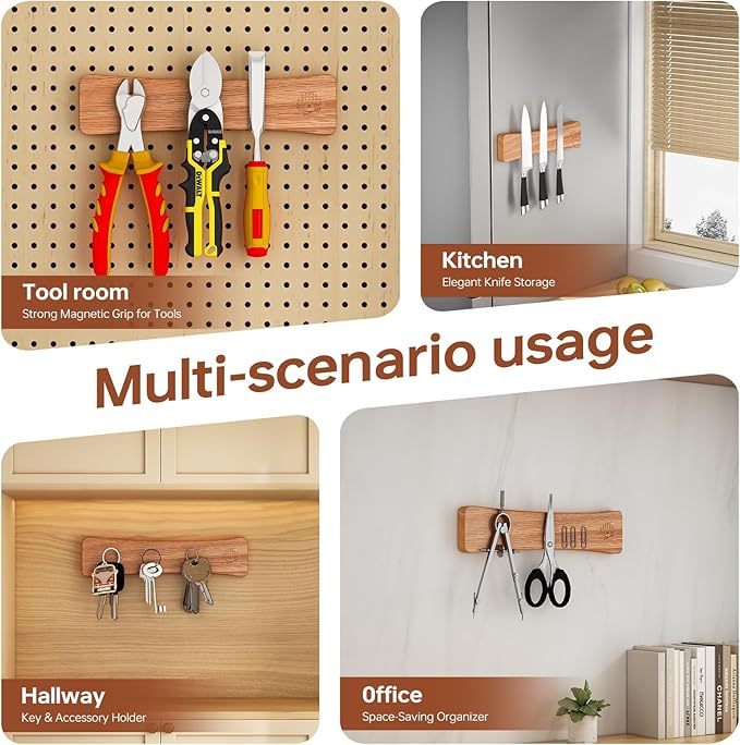 Knife Magnetic Strip, 10 Inch Solid Oak Magnetic Knife Holder for Wall with N52 Strong Magnets, Premium Magnetic Knife Strip Organizer for Kitchen Knives, Utensils & Tools