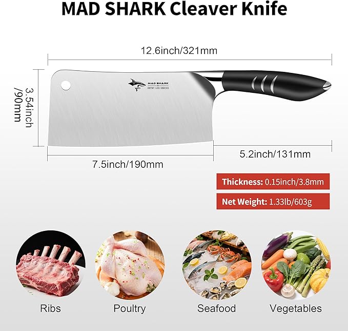 MAD SHARK 7.5 Inch Meat Cleaver Knife, Professional Bone Chopping Butcher with Heavy Duty Blade, German Military Grade Composite Steel, Chinese Chef's Bone Cutting Knife for Home Kitchen & Restaurant