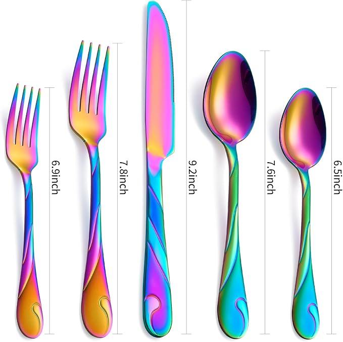 Rainbow Silverware Set for 12, 60-Piece Stainless Steel Flatware Set, Shiny Rainbow Metal Cutlery Set, Include Fork, Knife and Spoon Set, Dishwasher Safe