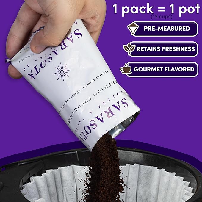 Sarasota Coffee Ground Packets | Low Acid Dark Roast Ground Coffee Packs | European French Roast | Mold Free Singles Packets | Individual Coffee Pouches for 12 Cups Maker | 2 Ounce Bags, 36 Count
