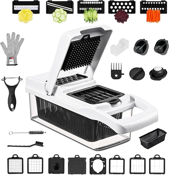 26-in-1 Vegetable Chopper with 8 Blades, Veggie Slicer & Dicer, Food Chopper with Container & Lid, Onion Chopper, Salad Chopper, Multi-Purpose Kitchen Tool for Easy Meal Prep (Black & White)