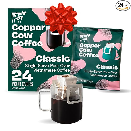 Copper Cow Coffee Premium Pour Over Single-Serve Vietnamese Coffee Pouches (24 pack) | Classic Black | Dark Roast | Convenient Vietnamese Ground Coffee Packets, Travel Friendly