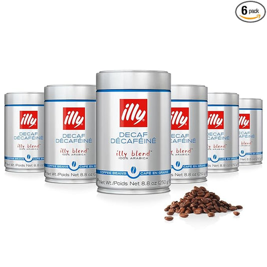 Illy Whole Bean Coffee, Decaffeinated - Medium Roast - Mild & Balanced - 100% Arabica - Whole Beans - Pressurized Packaging Sealed for Freshness - 8.8oz can (Pack of 6)