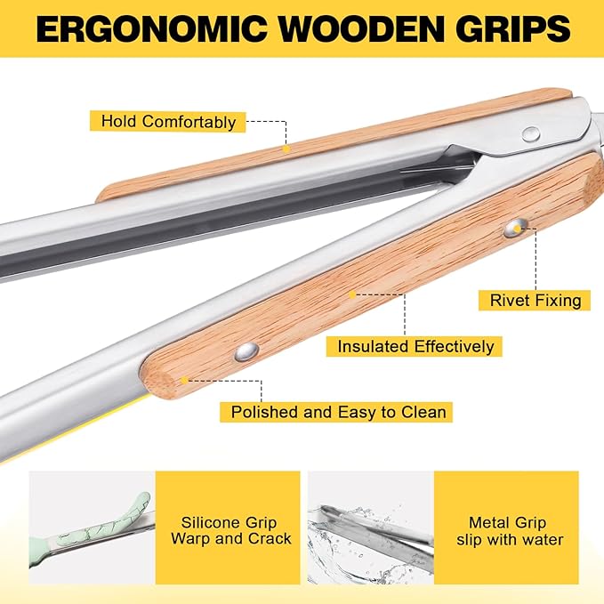 Premium Metal Kitchen Tongs for Cooking - Heat Resistant 1100°F Stainless Steel Tongs with Comfortable Wooden Grips - Perfect for Grill, Salad, Toaster, Cooking, and Serving Food (12-inch)