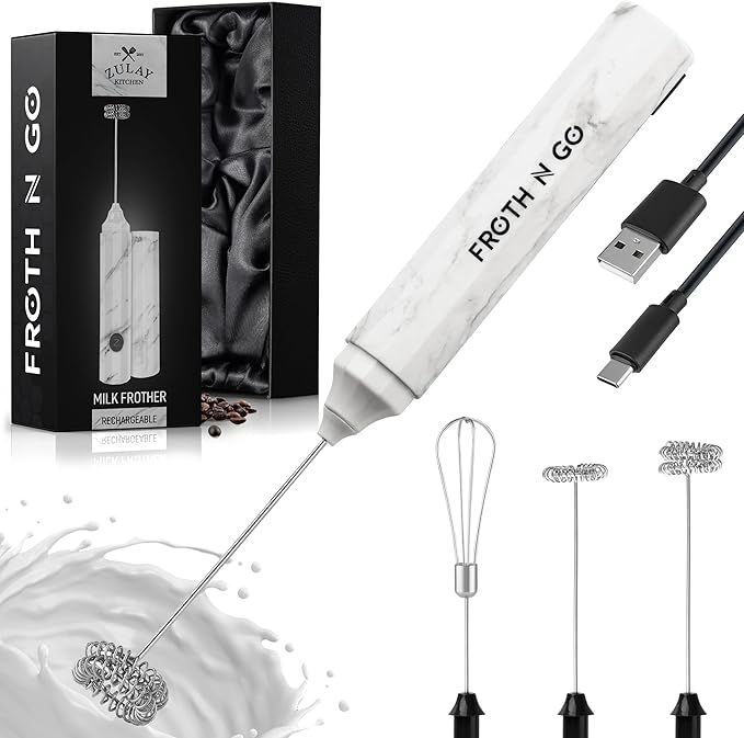 Zulay Kitchen FrothMate Powerful Milk Frother Portable & Compact Handheld Foam Maker Lattes, Cappuccinos (Marble, Froth N Go)
