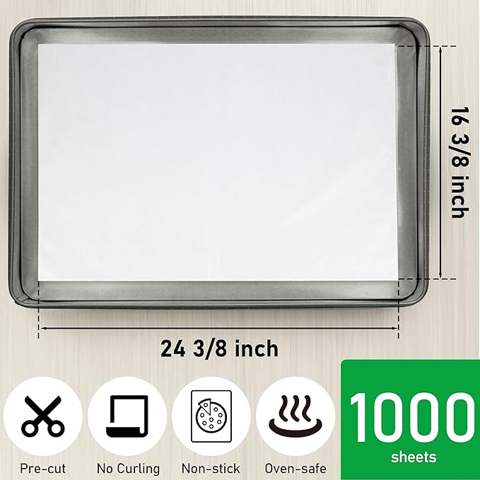 EcoDispose Non-Stick Precut Parchment Paper Baking Sheets Full Pan liner for Bake (16-3/8" x 24-3/8",White,1000PCS)