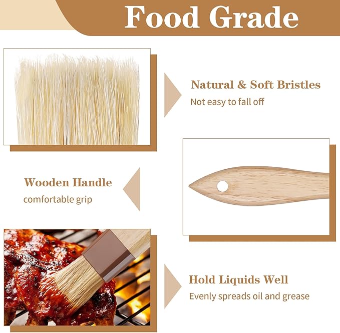 4 Pcs Natural Bristle Pastry Brush, Beech Wooden Handle Basting and BBQ Brushes for Cooking, Butter, Oil, Marinade, Grilling & Baking, Kitchen Food Brush (1 inch & 1.5 inch)