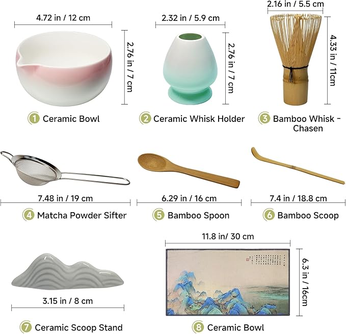 Matcha Whisk Set with Ceramic Bowl - Bamboo Whisk (Chasen), Scoop, Sifter & Holder - Complete Kit for Traditional Matcha Tea - Unique Gifts for Tea Lovers (Sakura Moss Fade)