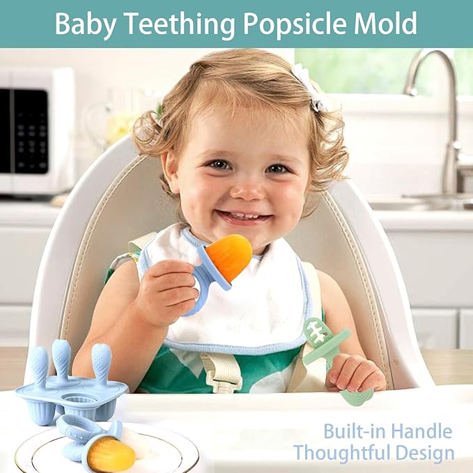 Silicone Baby Ice Pop Molds with Easy-Grip Handles, 4-Cavity Frozen Treat Tray for Toddlers, Mini Popsicle Maker for Teething Relief, Fruit Puree & Breastmilk Snacks (Olive Green)