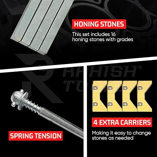 Engine Cylinder Hone Kit 45mm to 65mm Adjustable Handheld Honing Machine Tool Kit with 16 Stones Sizes 3" x5/16 x5/16 - Works for Mid-Size to Larger Car Engines