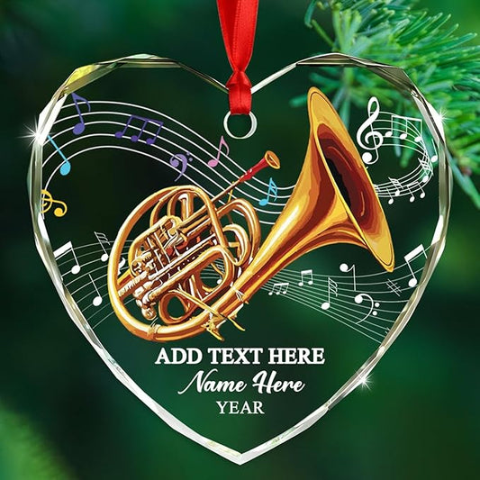 Customized French Horn Instrument Glass Ornament Xmas Tree, Personalized Year Text Name French Horn Lover Christmas Ornaments Gift for Dad Mom Husband Wife Uncle Aunt,Unique Horns Glass Xmas Ornament