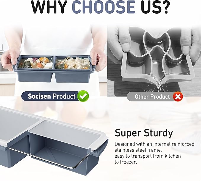 Silicone Freezer Tray with Lid Soup Freezer Container Molds with Steel Reinforced Rim Ice Cube Freezer Molds for Soup, Sauce, Leftovers, Homemade Meal Prep Containers Cooking Accessories