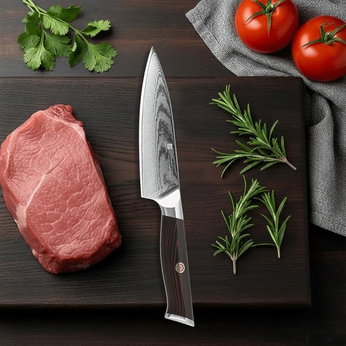Utility Knife,5.5inch Damascus knife,67-Layer High Carbon Stainless Steel Kitchen Knife,Professiona Sharp Cutting Knives with Ergonomic Red G10 Handle,Gift Box for Home and Kitchen Birthday Gift