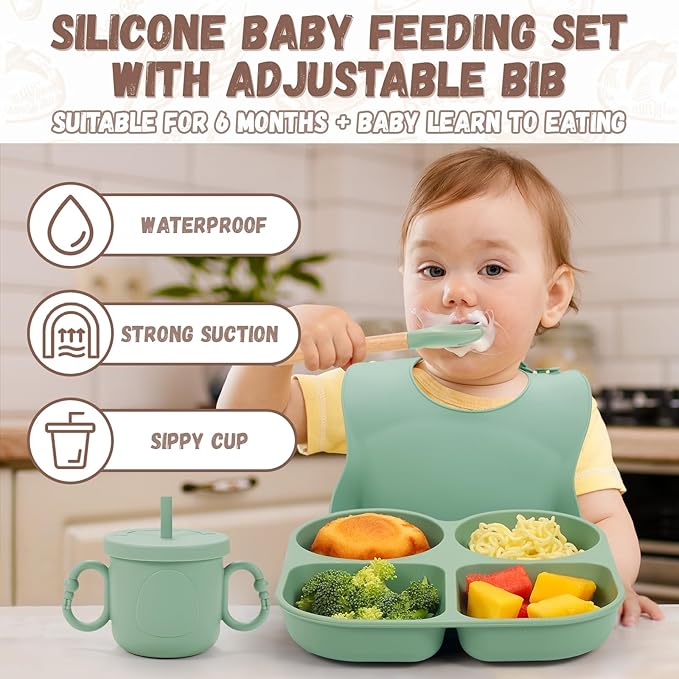 Silicone Baby Feeding Set, Baby Led Weaning Supplies, Baby Food Tableware Silicone Suction Plate, Bowl, Spoons, Fork, Waterproof Bib, Cup & Complementary Food Cake Mold, Baby Eating Utensils
