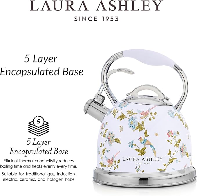 VQ Laura Ashley Elveden White 2.5L Stainless Steel Tea Kettle Stovetop Whistling Teapot for Induction, Gas Hob or others. Silicon Coated Cool Handle & Push Button Mechanism Vintage Stove Top Kettle